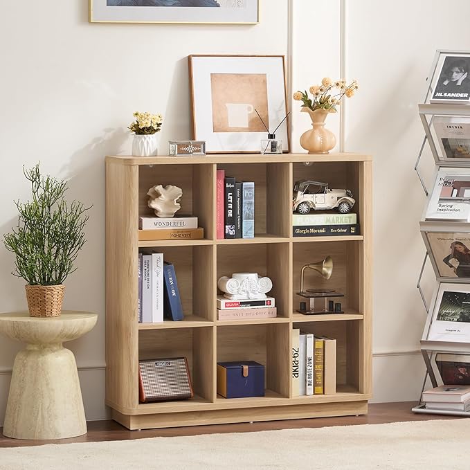 Joaxswe 9 Cube Storage Book Shelf, 41" Tall Organizer Bookshelf with Curved Edge, Modern Floor Standing 3-Tier Cubby Bookcase with Base, Wood Display Book Case for Living Room, Home Office,Natural Oak