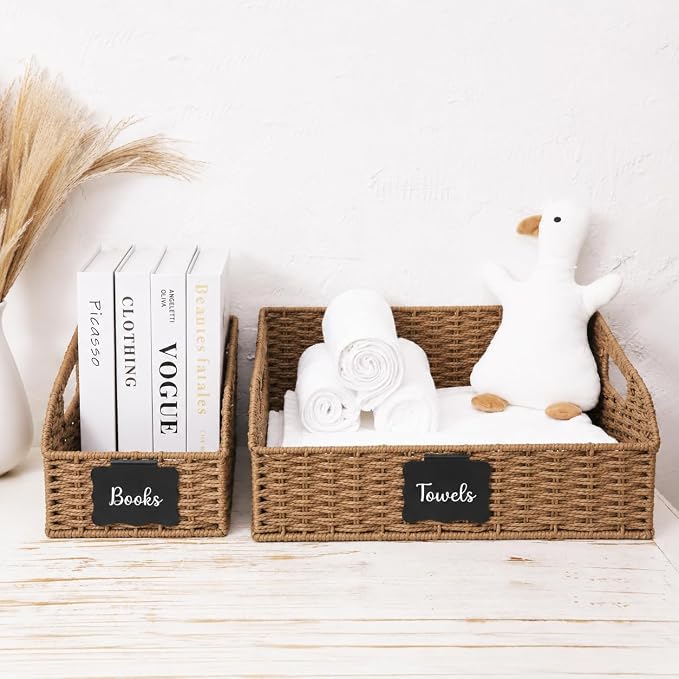 Pantry Organizers, Large Wicker Baskets for Shelves, Labeled Storage Baskets for Organizing with Handles - Paper Storage Bins for Shelves, 3 Pack, Brown