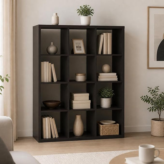 12-Cube Cubicle Bookshelf, Cube Bookcase with Open Back, Reversible Book Shelf, Cube Storage Organizer, 15 x 44 x 58, for Living Room, Home Office, Dark Oak