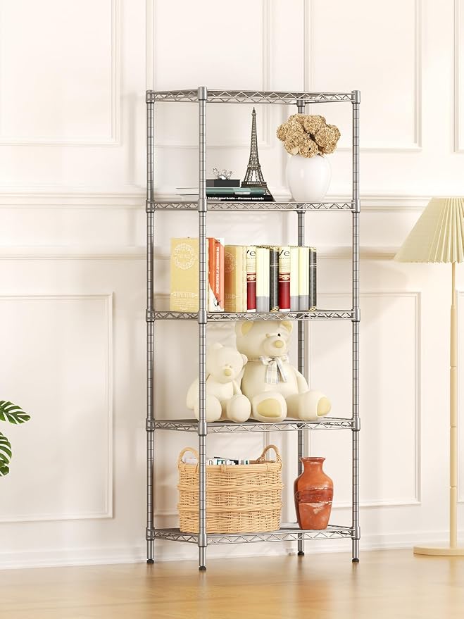 SINGAYE 5 Metal Shelves Wire Shelving Storage Shelf Adjustable Unit Pantry | 5 Tier Kitchen Laundry Room Organization Home Pantry Closet Bathroom Organizers Garage Rack 12" D x 22" W x 59" H Gray