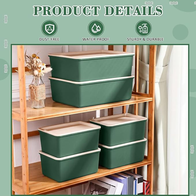 6 Pcs Large and Small Plastic Storage Bins with Lids 14.4 x 10.4 x 5.1 Inch Stackable Storage Containers Decorative Cubby Organizer for Clothes Shelves Garage Closet Office(Green)