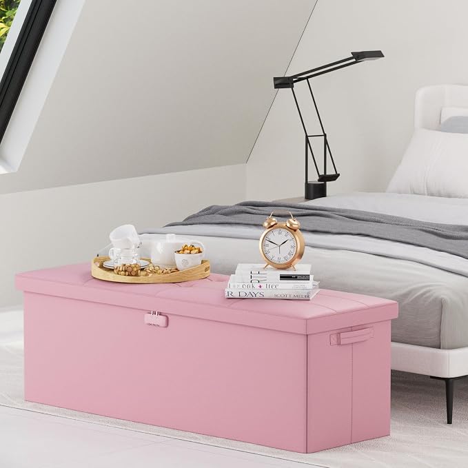 DocSafe Storage Ottoman Bench, Fireproof＆Waterproof Folding Bench with Lock(15”x 43”x15”), Leather Storage Chest with Handles＆2 Extra Boxes, Ottoman Safe for Bedroom,Living Room,Home Office, Pink