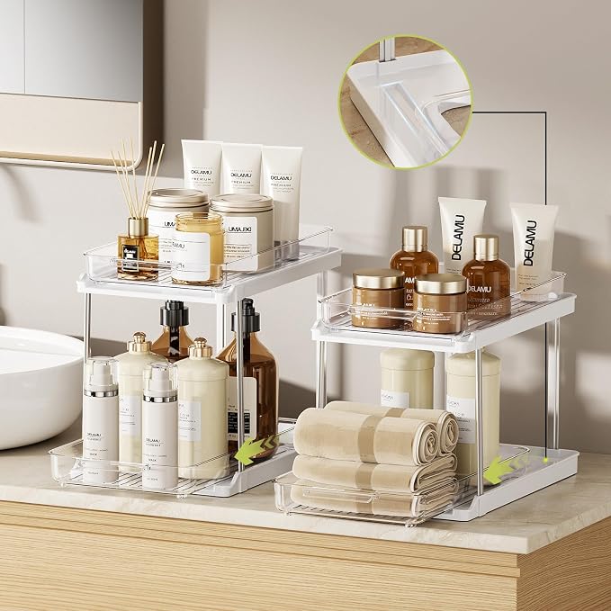 Delamu 2-Tier Bathroom Under Sink Organizers and Storage, Pull Out Cabinet Drawers with Anti-Slip Design, Multi-Purpose Storage for Kitchen, Pantry, Bathroom & Home Organization, White, 1 Pack