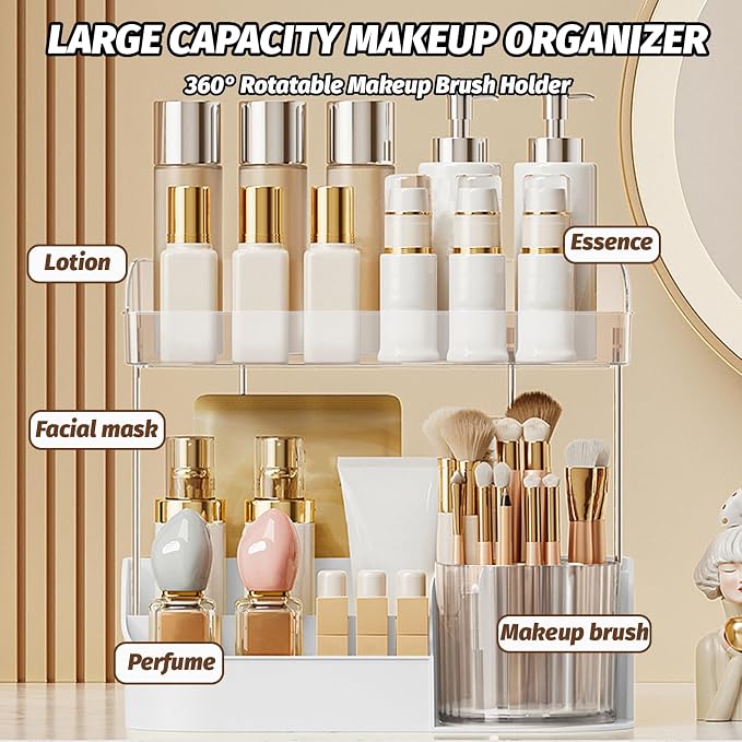 DASITON Large Capacity Makeup Organizer with 360° Rotating Makeup Brush Holder, Perfume and Skincare Storage Organizers for Vanity Bathroom Countertop, Cosmetic Display Case (White, 2 Tier)