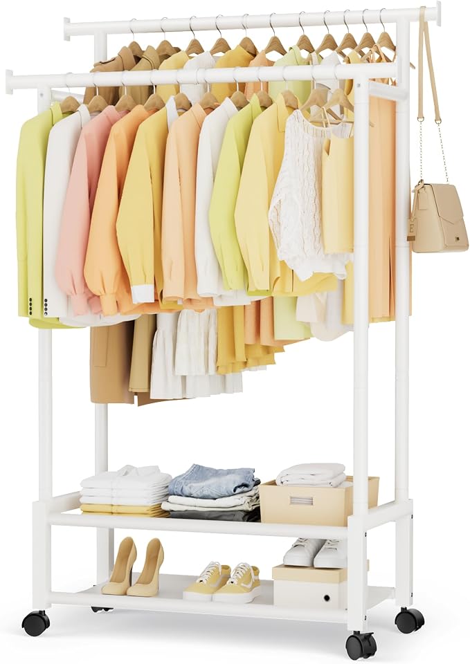 Double Rod Clothing Rack with 2 Shelves, Rolling, White | All tools included, metal frame, 4 casters with 2 locking, for bedroom, laundry, and entryway