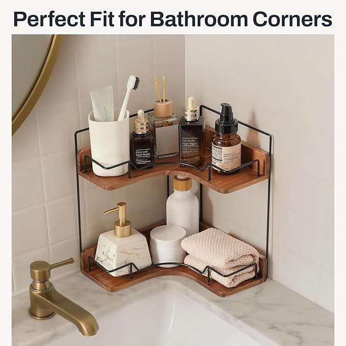 2-Tier Bathroom Counter Organizer, Wooden Corner Shelf for Vanity Countertop Skincare & Makeup, Storage and Organization for Kitchen
