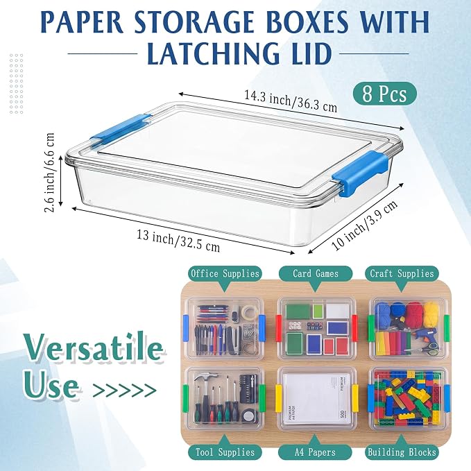 Fullhawl 8 Pcs Thickened Paper Storage Bin with Latching Lid, Label Clear Plastic Stackable Letter Size Tray Storage Container Arts Crafts Classroom Office Home Teacher Sorting (Rainbow)