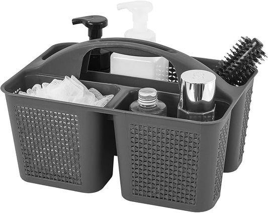 Plastic Portable Shower Caddy Basket with Handle, 3 Compartments, Dark Grey | Storage Organizer with Drain Holes, Sturdy and Durable For Bathroom, Kitchen, College Dorm, Sink, Camping