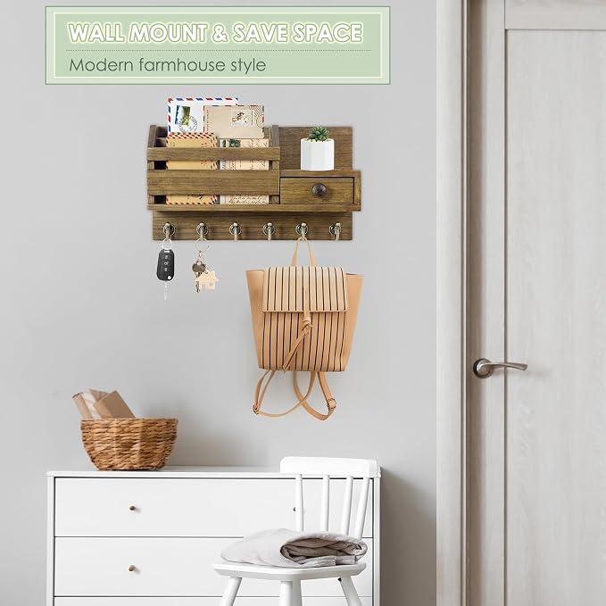 VIS'V Key Holder Wall Mount, Wooden Mail and Key Organizer, Brown | Contains Little Drawer, Small Shelf, 2 Slots, 6 Hooks, for Entryway, Hallway, Doorway, Kitchen, Garage, RV