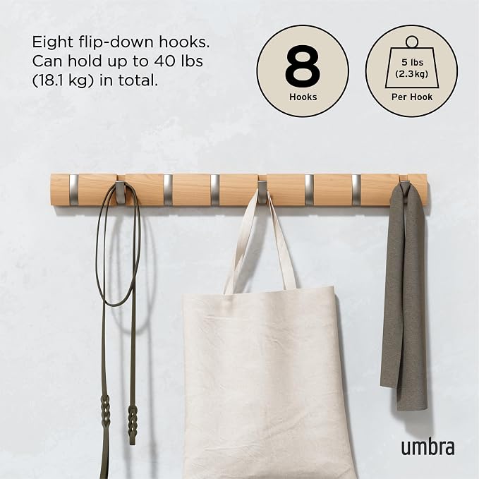Umbra Flip Coat Rack, Wall Mount 8-Hook, Space Saving, Natural/Nickel | Real wood and steel build, retractable hooks fold flat, holds coats bags and scarves, easy install