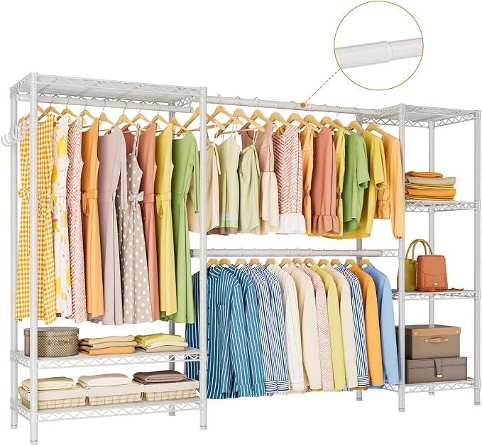 Golpart Heavy Duty Clothes Rack Metal Wardrobe with Adjustable Wire Shelves | Closet Organizers and Storage Clothing Rack Metal System Freestanding Hanging Clothes System Free Standing Garment Coat Racks