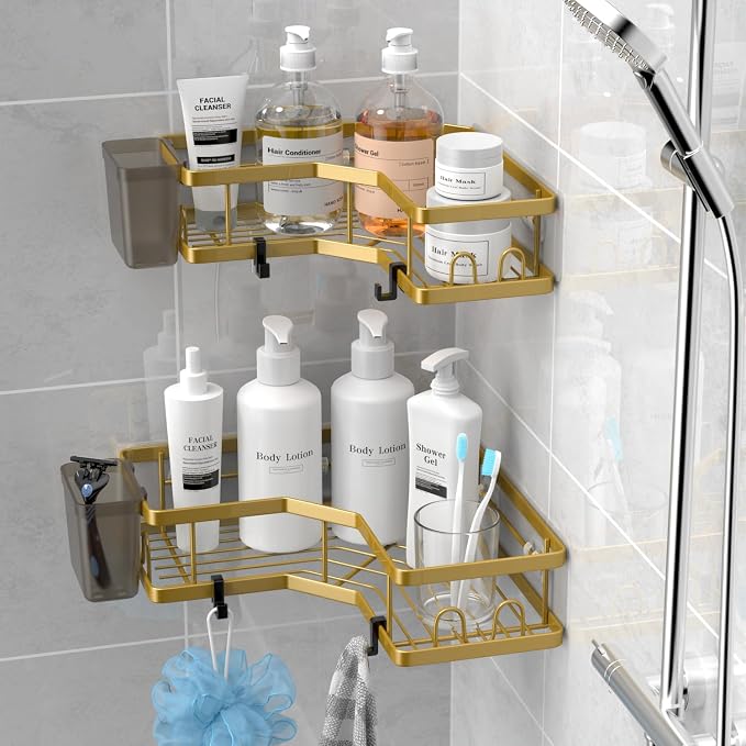 AKTECKE Corner Shower Caddy Organizer Shelf: 2Pack Adhesive Shower Rack, No Drilling Stainless Steel Shower Storage Shelves for Bathroom Kitchen (Gold)