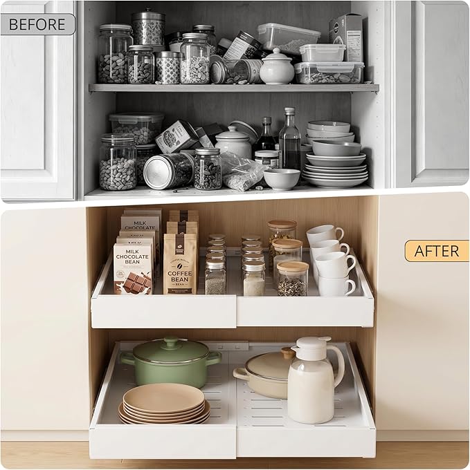 DOMNIU 4 Pack Pull Out Cabinet Organizers Expandable Width (12.4''-20.27'') | Upgrade 3 Slide Rails Sliding Drawer for Kitchen Cabinet Organizer with Adhesive Nano Film, White