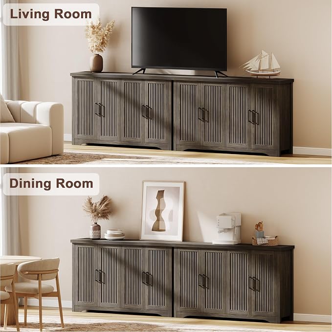 55" Fluted Sideboard Buffet Cabinet with Storage,Gray | Modern Credenza with 4 Doors & Adjustable Shelves,Coffee Bar Table Console for Dining Room Kitchen Living Room Entryway