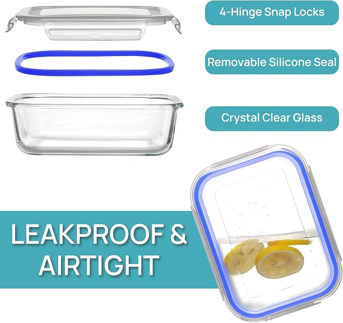 Vtopmart 5 Pack 35oz Glass Food Storage Containers with Lids, Blue | Meal Prep Containers, Airtight Reusable Lunch Container Set, Safe for Oven, Microwave, Freezer, and Dishwasher, BPA Free