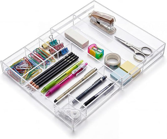 Briwooody Clear Acrylic Drawer Organizer Expandable,11 Compartments,Small | 9'' up to 18'' x 12'' x 2.1'' Desk Drawer Organizer Trays Adjustable with Desk Accessories for Makeup Office Bathroom
