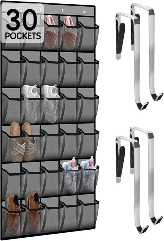 Kotkn Over the Door Shoe Organizer with 30 Breathable Mesh Pockets - Large Capacity Closet Storage for Men & Women, Hanging Shoe Rack Organizer (Gray)