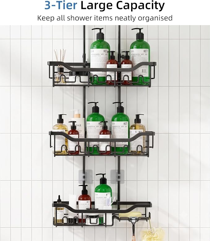 Adjustable Shower Caddy Hanging, Extended Length Organizer Over Shower Head, 3 Tier Long Neck Shower Rack with Soap Holder for Large Storage, Black