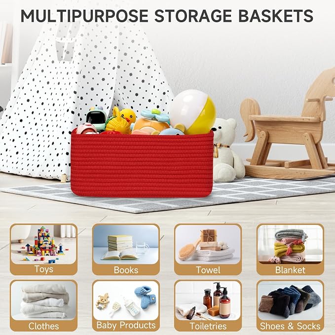 3-Pack Small Storage Baskets for Organizing | Woven Shelf Toy Basket | Rope Baskets for Gifts Empty | Closet Organizer Bins with Handles | Cube Decorative Box | 11.8×7.8×5.1” | Christmas Red