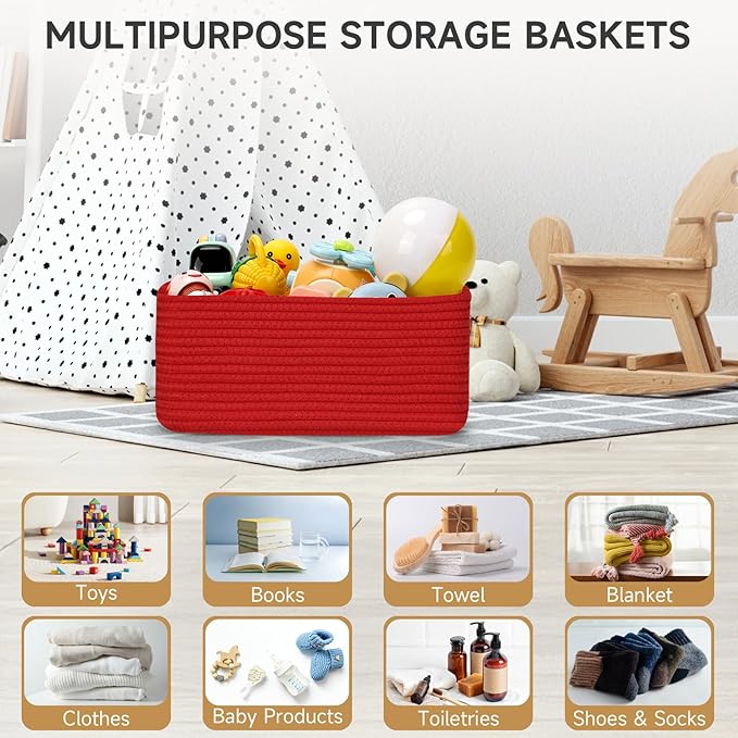 3-Pack Storage Baskets for Organizing | Woven Shelf Toy Basket | Rope Baskets for Gifts Empty | Closet Organizer Bins with Handles | Cube Decorative Box | 13.7×7.1×6.7” | Red
