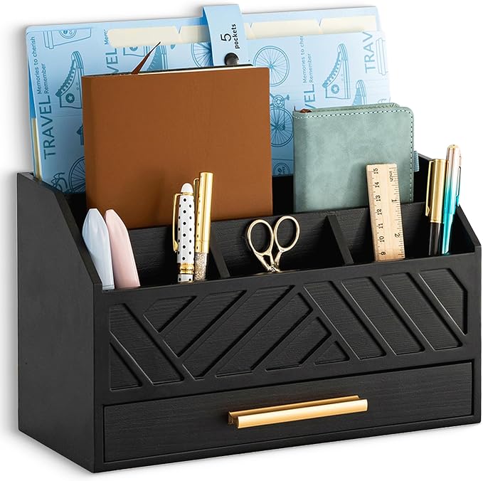 dreampossible Black Wood Desk Organizer and Accessories with Drawer, Bill Mail Organizer and File Mail Holder for Office Supplies, Modern Desk Accessories & Workspace Organizers for Desk Organization