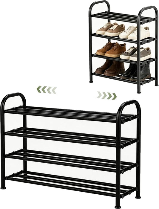 4-Tier Expandable Shoe Rack, Stackable and Adjustable Shoes Organizer Storage Shelf, Sturdy and Durable Metal Structure Free Standing Shoe Rack for Closet Entryway Doorway