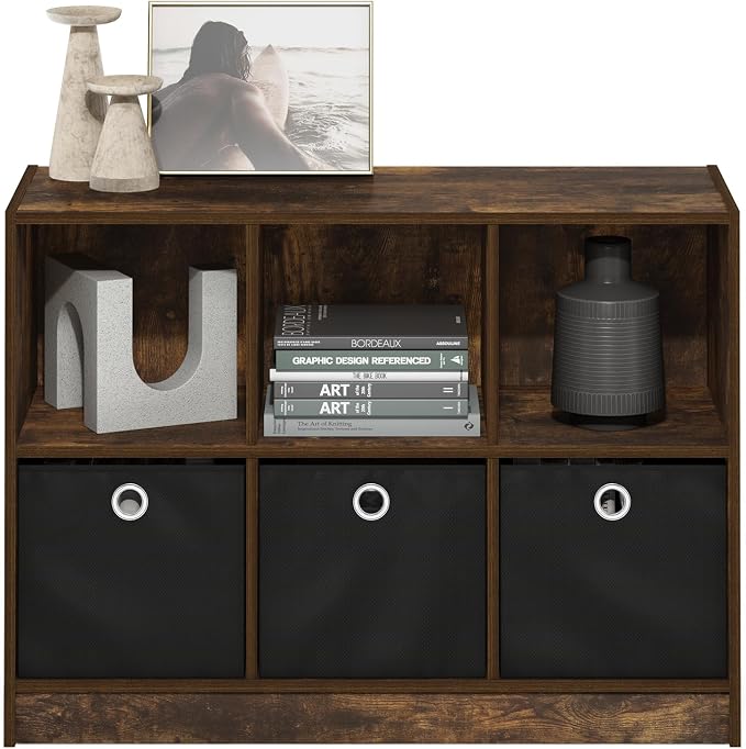 Furinno Basic Book Shelf, 6-Cube Bookshelf with Open Shelf, 3 x 2 Bookcase with Storage Bins, Closed Back, Horizontal, 11.9 x 31.6 x 23.6, for Living Room, Bedroom, Home Office, Amber Pine