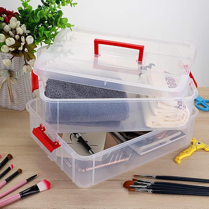 JUXYES 2-Tiers Plastic Stack Carry Storage Containers Box wih Handle Lids | Clear Stackable Latching Craft Storage Bin for School Office, Organizing Stationery, Sewing, Art Craft, DIY Supplies, Red