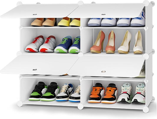 HOMIDEC Shoe Rack Organizer 16 Pair Modular Shoe Storage Cabinet for Closet | PP Plastic, Sturdy Steel Frame, Waterproof, Dustproof, Easy Clean, Shoe Shelves for Closet Garage Hallway Bedroom Entryway