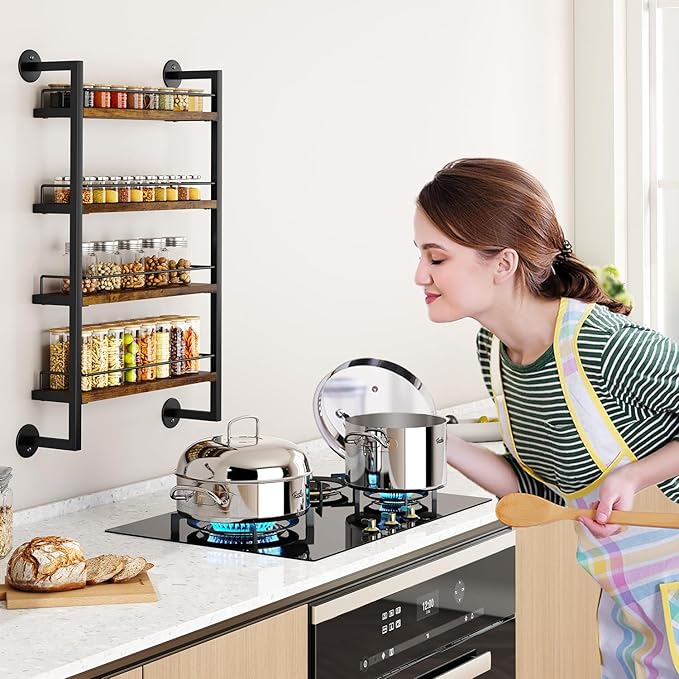IBUYKE 4 Tier Spice Rack Wall Mount for Kitchen,Brown TLJ016H | Hanging Seasoning Organizer Large Spice Rack for Wall Spice Organization for Kitchen Cabinet Bathroom Pantry Living Room