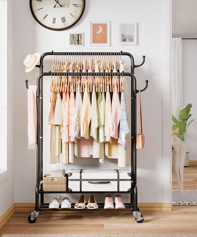 Homde Sturdy Garment Rack for Bedroom: 265 lbs Heavy Duty Clothes Organizer | 2 Hanging Rods Hold Coat to T-Shirt - Easy Roll & Park on Wheels - Metal Frame Stays Solid & Stable at Full Load