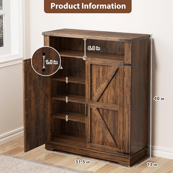 ALLSTAND 6-Tier Shoe Cabinet with Doors, Entryway Shoe Rack Wooden Shoe Storage Cabinet with Adjustable Shelves & Anti-tip Fitting, Farmhouse Shoe Cabinet Storage for Entryway, Living Room, Closet