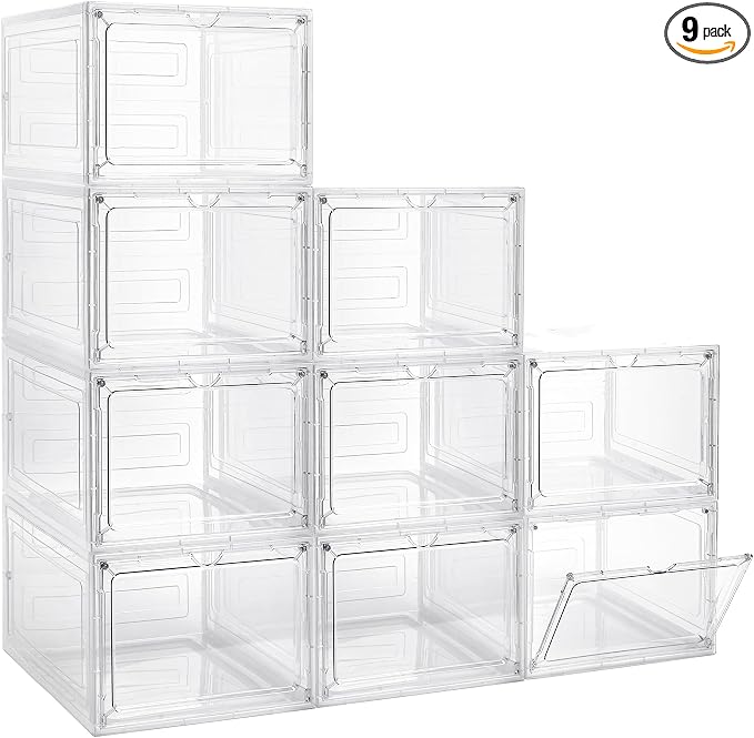 LXLXXL 9 Pack Storage Bins with Lids, 19 Qt Stackable Clear Storage Box | Plastic Storage Bins,Clear Acrylic Magnetic Door, Stackable Organizer Box, Display Case with Lid, for Home Office Organizing