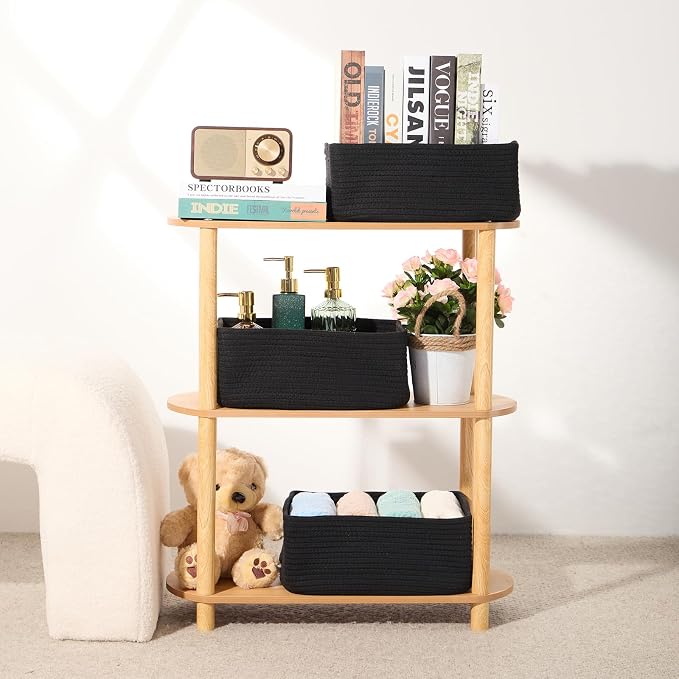 MiniArk Small Storage Baskets for Organizing | Closet Organizer Bins | Shelf Toy Basket | Woven Rope Baskets | Cube Decorative Box | Shallow Basket | 13x8.5x5.1” | 4 Packs Black