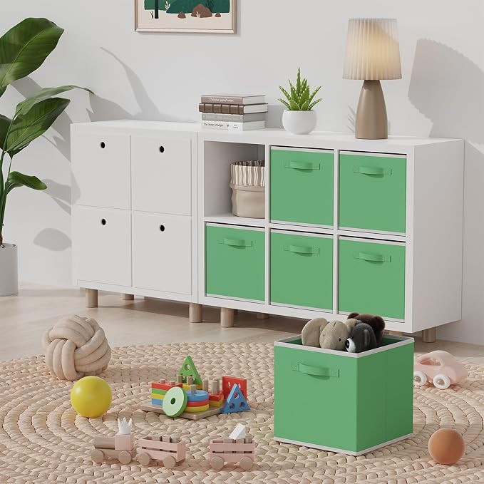 MAX Houser Fabric Cloth Storage Bins,Foldable Storage Cubes Organizer Baskets with Dual Handles for Home Bedroom Storage,Set of 6(Green)