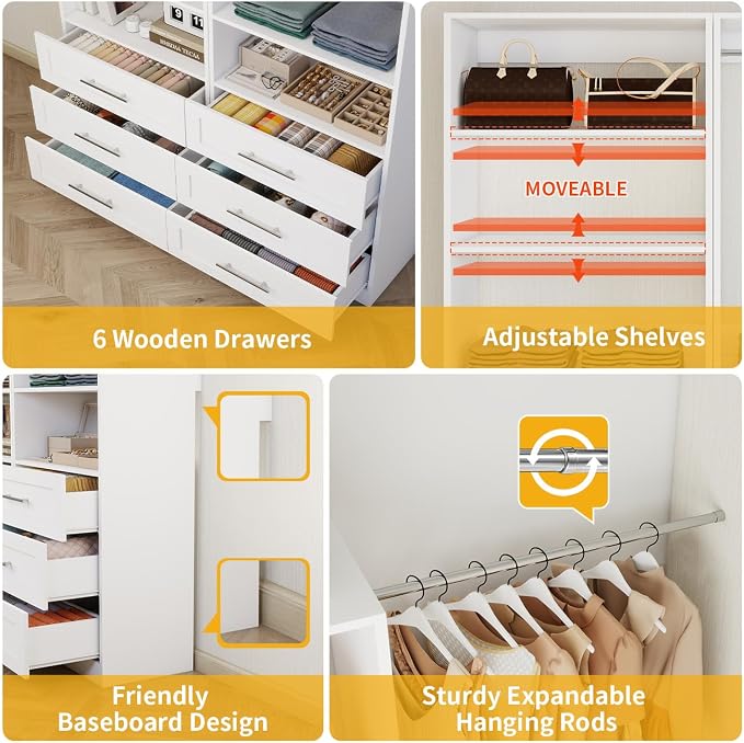 Closet System with 6 Drawers, Wood Closet Organizer System, Walk-in Closet or Small Closet System with Shelves, Modular Closet Systems with 3 Expandable Hanging Rods, 2 Sets, White (4FT)