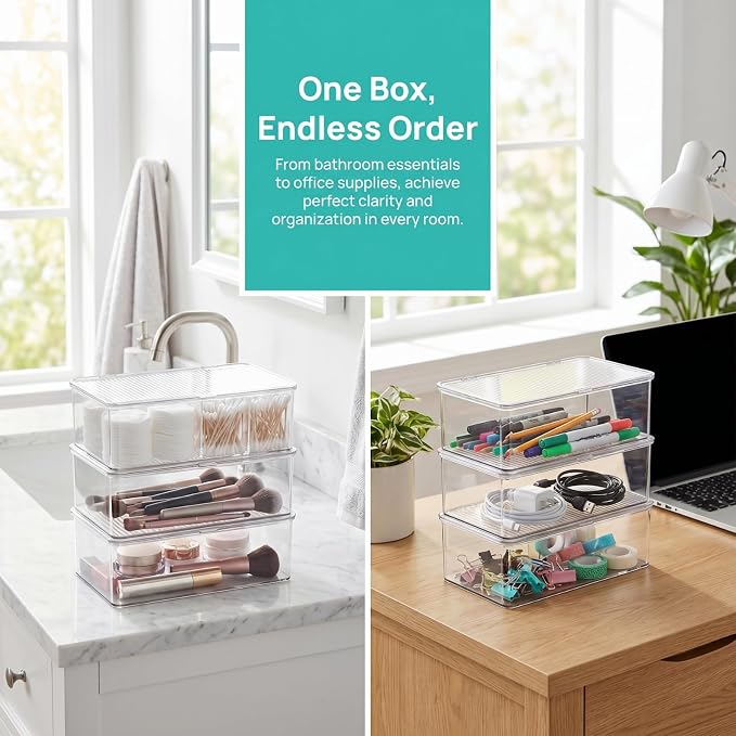 Set of 3 Small Stackable Storage Bins with Hinged Lid, Acrylic Organizer Box, Clear Makeup Organizer Box, Cosmetic Case for Home, Office