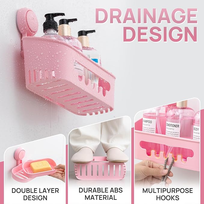 LEVERLOC Shower Caddy Suction Cup Set Shower Organizer & Soap Holder, Pink | Toothbrush Holder, Bathroom Shelf Basket NO-Drilling, Removable Suction Storage, Waterproof Bathroom Caddy
