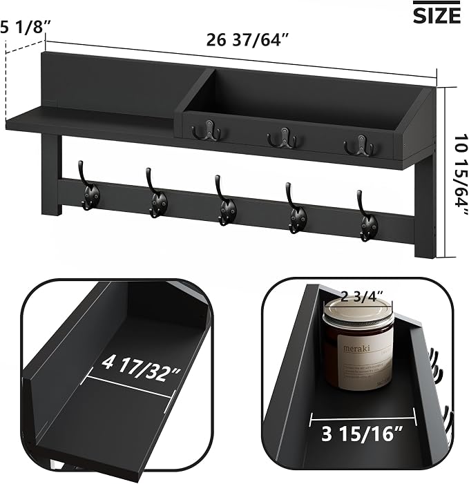 AMBIRD Wall Hooks with Shelf, 26.57 Inch Entryway Wood Coat Hooks for Wall, Coat Rack Wall Mount Rack with 5 Dual Hooks 3 Key Hooks Mail Organizer and Key Rack Key Holder (Black)
