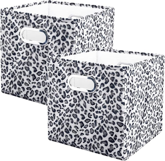 ANMINY Leopard Cheetah Print Storage Cubes Bins, Velvet, Gray, 11Inch 2PCS | Collapsible & Washable, PP Board Frame, Built-in Metal Handles, Animal Themed Fabric Cubes Baskets for Closet Shelves Decor