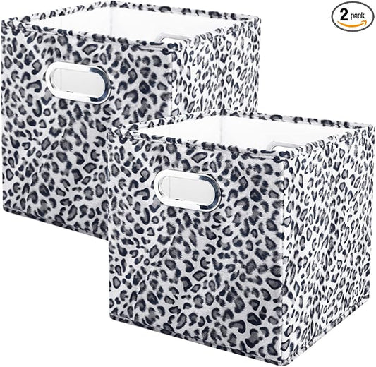 ANMINY Leopard Cheetah Print Storage Cubes Bins, Velvet, Gray, 13Inch 2PCS | Collapsible & Washable, PP Board Frame, Built-in Metal Handles, Animal Themed Fabric Cubes Baskets for Closet Shelves Decor