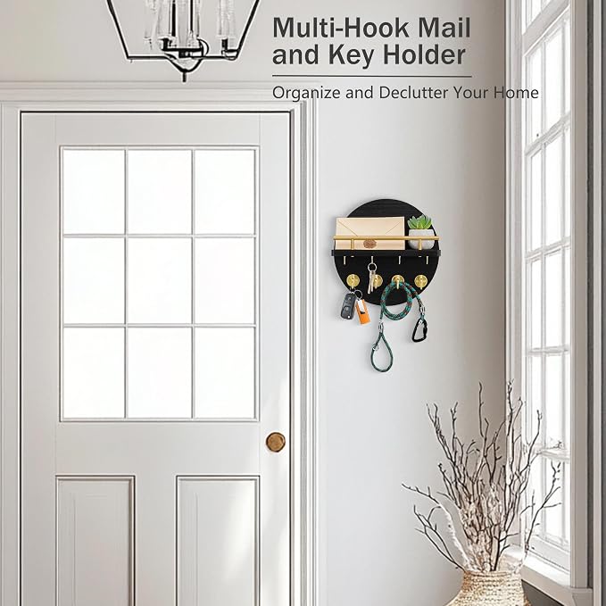 dreampossible Key Holder Wall Mount - 10.2 Inch Decorative Key Rack and Mail Organizer with 8 Key Hooks - Wooden Key Hanger with Shelf for Wall and Home Decor