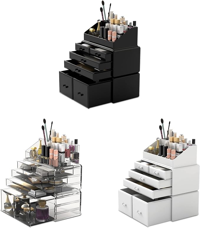 READAEER Makeup Organizer 3 Pieces Cosmetic Storage Case with 6 Drawers (White)