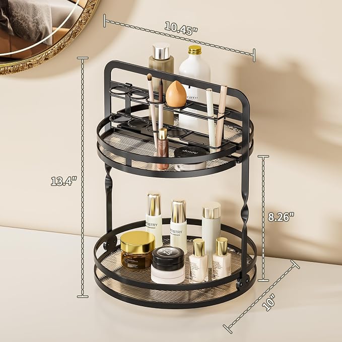 360 Rotating Makeup Organizer,Perfume Organizer, Bathroom Counter Organizer | 2-Tier Large Capacity Gold Vanity Organizer for Dresser,Perfume Shelf with Makeup Brush Holder Stores Skincare and Cosmetics
