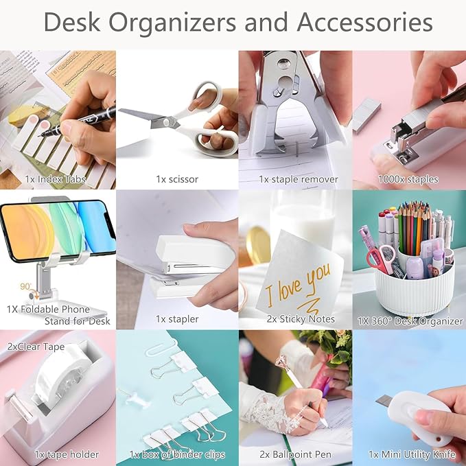 Office Supplies, White Desk Accessories,Desk Organizer,Phone Stand,Scissors,Stapler,Tape Dispenser,Binder clips,Staples,staple remover,Sticky Notes,Index Tabs,Clear Tape,Mini Box Cutter,Cool Pen.16pcs