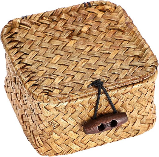 Hipiwe Handwoven Wicker Basket Box with Lid Small Seagrass Desk Organizer | Multipurpose Baskets Organizer for Remote Control Key, Rectangular Basket Box for Home Decor, Caramel 3.5" x 3.5" x 2"