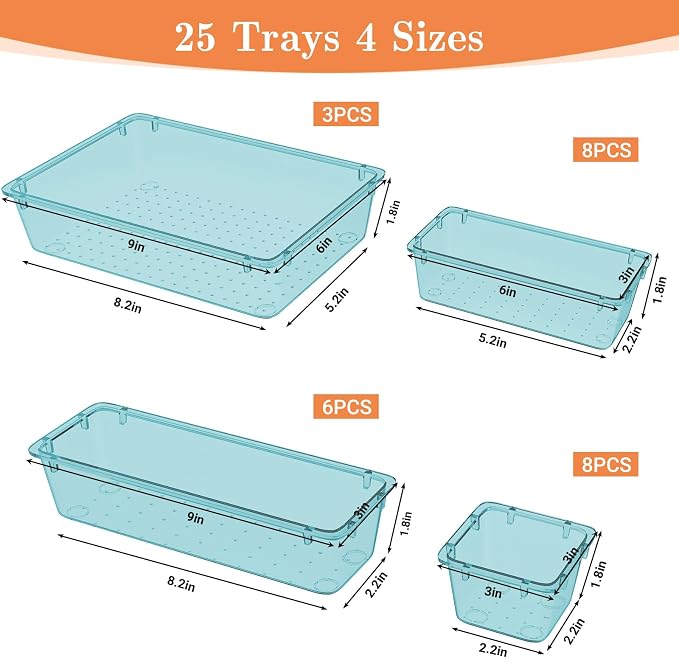 SpaceHacks 25 PCS Plastic Drawer Organizer Set, 4-Size Versatile Organizer Trays & storage Bins for Makeup, Jewelry, and Gadgets in Bathroom, Bedroom and Office, Sea Blue