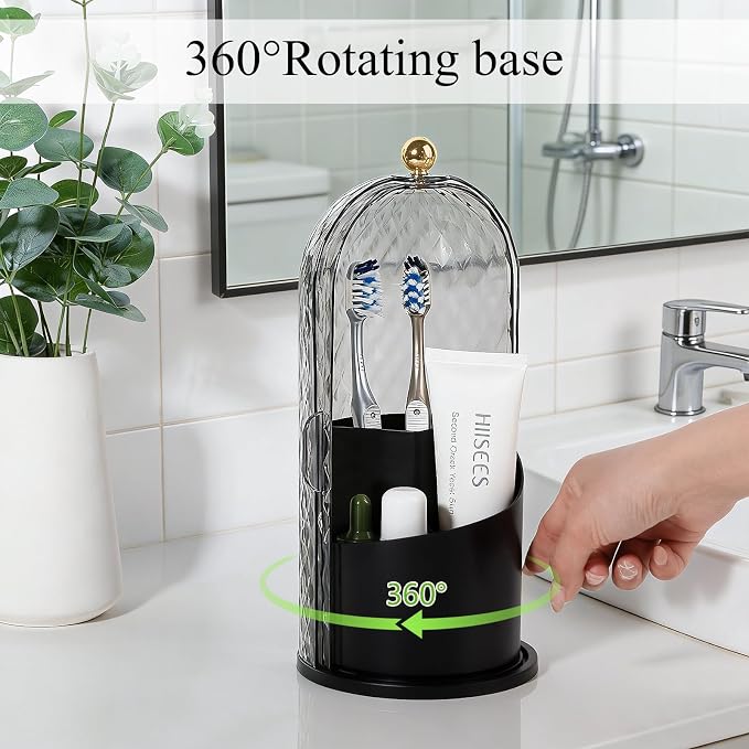 Toothbrush Holder with Cover for Bathroom Countertop, Organizer, Black | Rotating 3 Slot Holder for Electric Toothbrushes, Toothpaste, Self Draining Vanity Organizer, Makeup Brush Storage