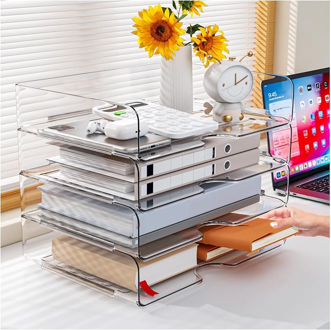 Vivihomety Paper Organizer Letter Tray, 4-Pack Stackable Acrylic, Clear | Stackable, Versatile Desk File Organizer – A4 Paper, Documents, Letters, Books, Bills, iPad – Large Capacity, Home Office
