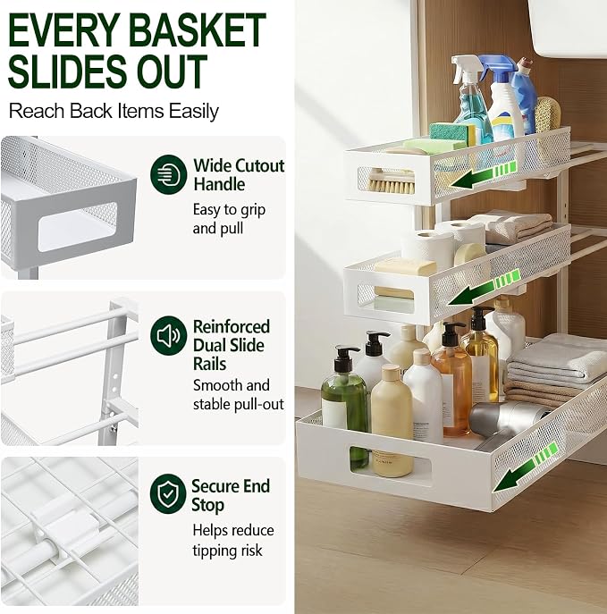 3 Tier Under Sink Organizer,2 Pack Pull Out Cabinet Shelves with Adjustable Height,Heavy Duty Carbon Steel L-Shaped Storage for Kitchen Bathroom Sink,Pantry & Laundry,White